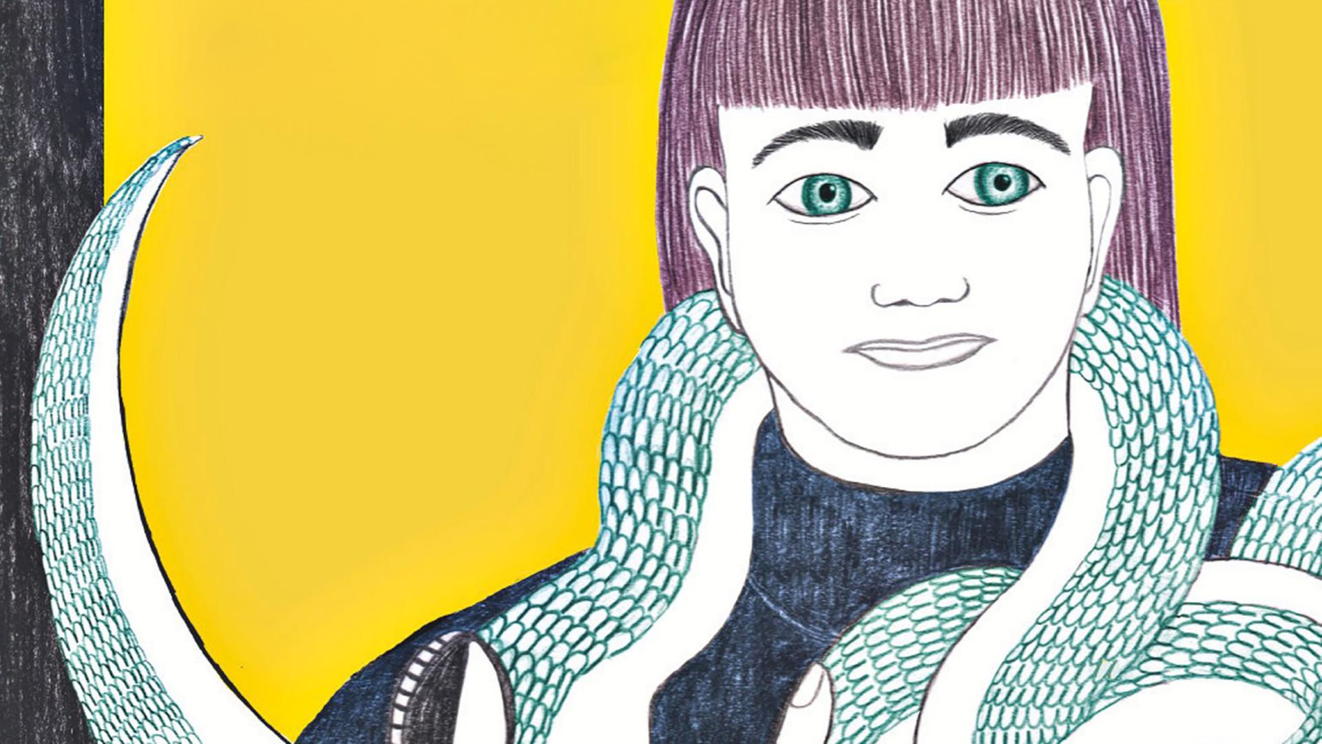 Ein illustriertes Selbstbildnis zeigt Eva Müller, die Zeichnerin der Graphic Novel "Scheiblettenkind", als junge Frau mit einer Schlange um den Hals. Ein illustriertes Selbstbildnis zeigt Eva Müller, die Zeichnerin der Graphic Novel "Scheiblettenkind", als junge Frau mit einer Schlange um den Hals.