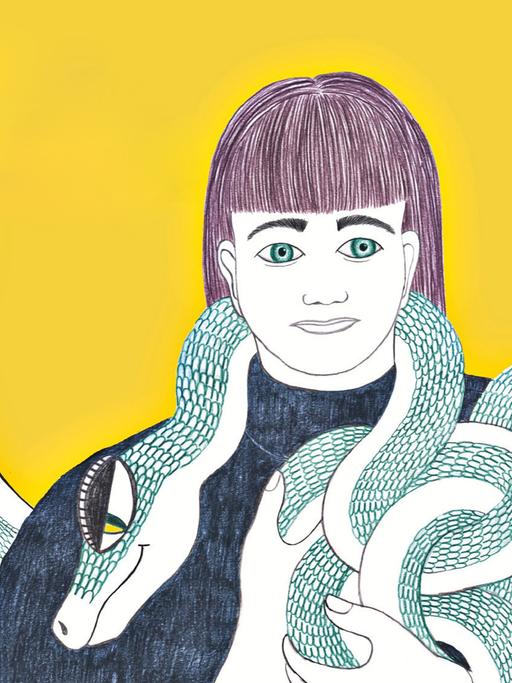 Ein illustriertes Selbstbildnis zeigt Eva Müller, die Zeichnerin der Graphic Novel "Scheiblettenkind", als junge Frau mit einer Schlange um den Hals.