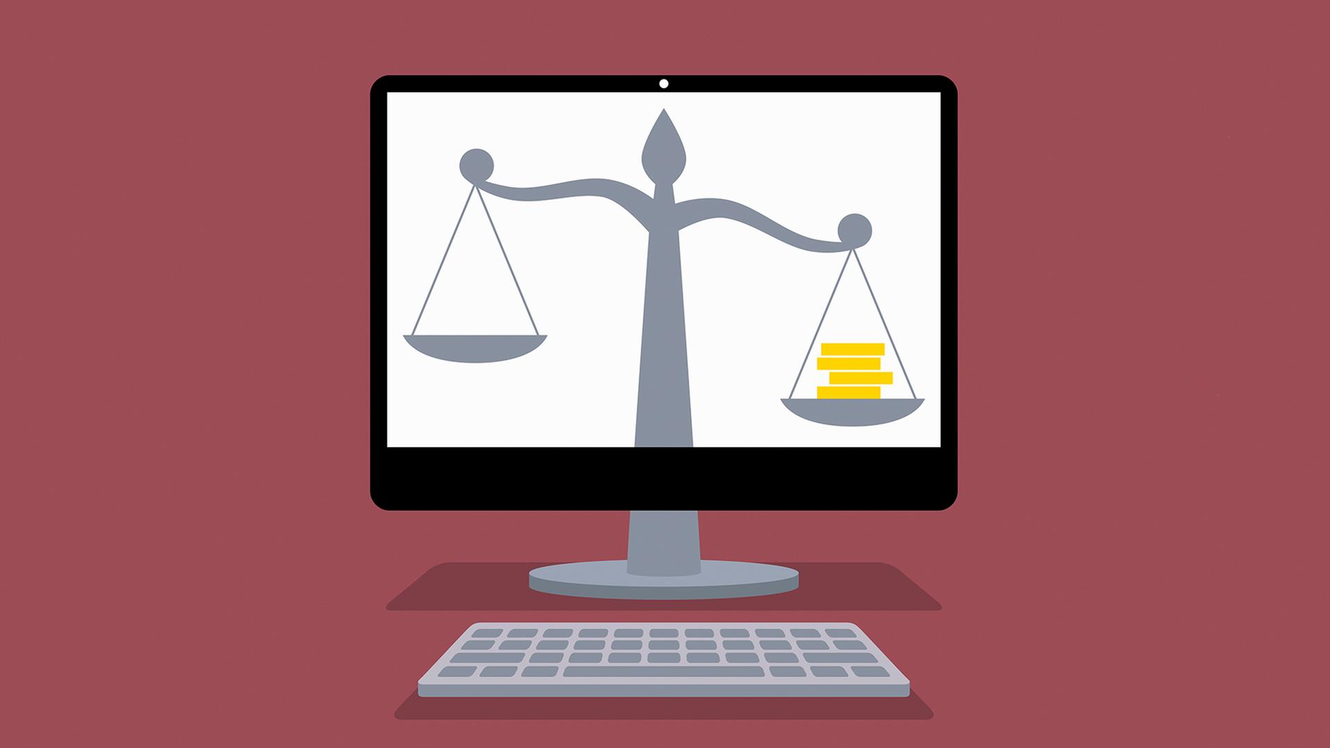 Illustration einer juristischen Waage auf einem Computerbildschirm. Illustration einer juristischen Waage auf einem Computerbildschirm.
