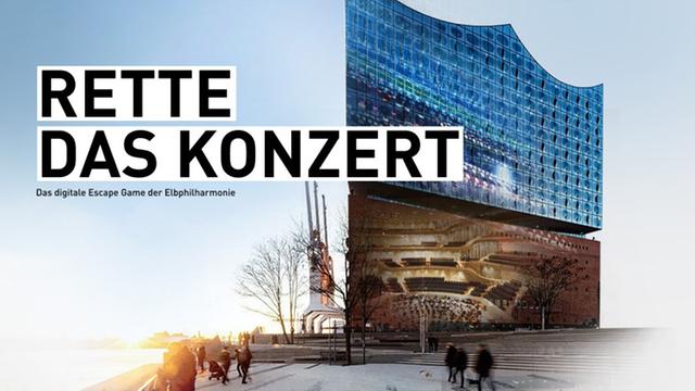 Ein hohes Gebäude, die Elbphilharmonie in Hamburg, steht vor hellblauem Hintergrund. Man kann auf dem Bild die Worte lesen: "Rette das Konzert. Das digitale Escape Game der Elbphilharmonie Hamburg."