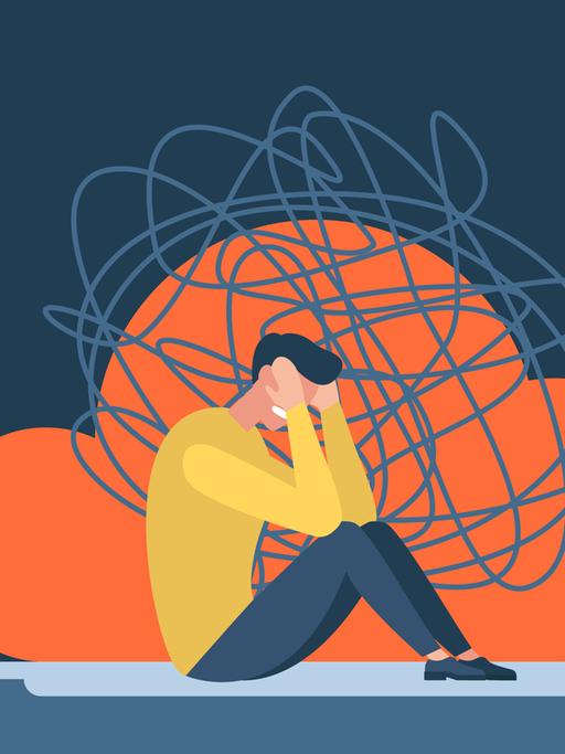 Illustration: Mann mit Angstzuständen berührt seinen Kopf. Um ihn herum eine rote Wolke und ein Hand, die mit dem Finger auf ihn zeigt.