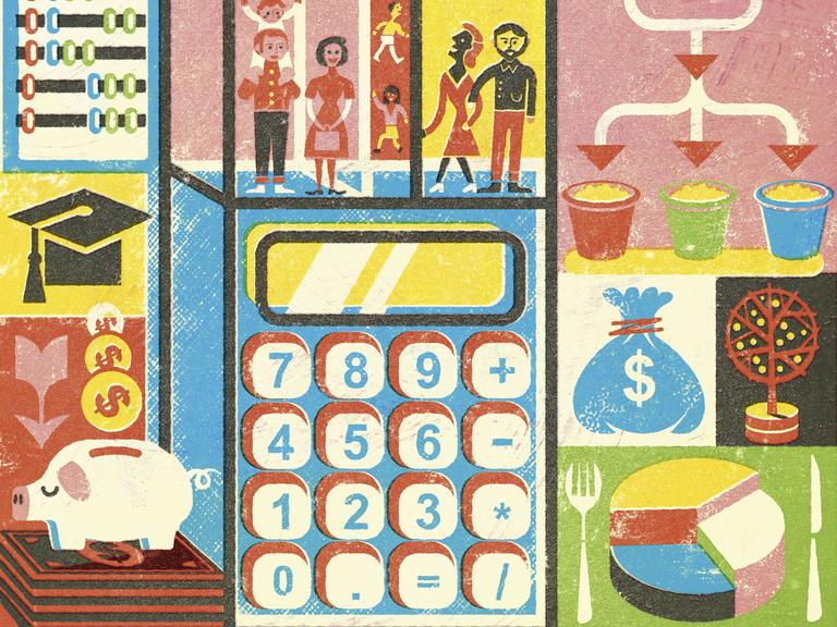 Illustration: Finanzen, Steuern, Haus und Familie mit vielen kleinen Details, die zeigen, wohin Geldströme fließen, wer Geld  bekommt und wo es abfließt.