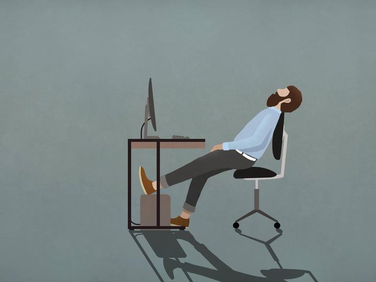 Illustration zeigt einen Mann, der entspannt zurückgelehnt und scheinbar schlafend an einem Schreibtisch sitzt.