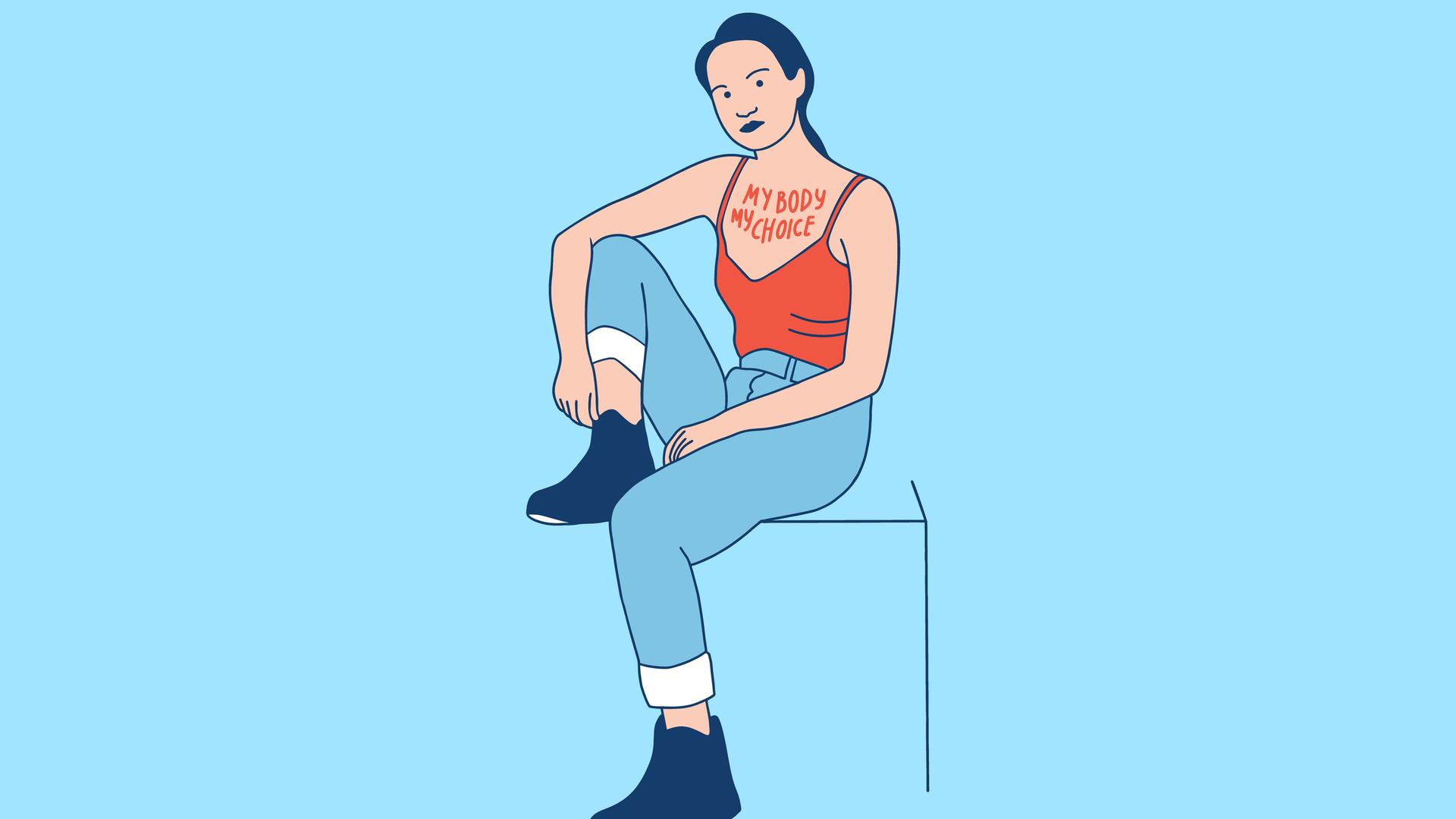 Illustration einer jungen Frau, die auf einem Stuhl sitzt. Auf ihrem Brustkorb steht "my body, my choice" geschrieben. Illustration einer jungen Frau, die auf einem Stuhl sitzt. Auf ihrem Brustkorb steht "my body, my choice" geschrieben.