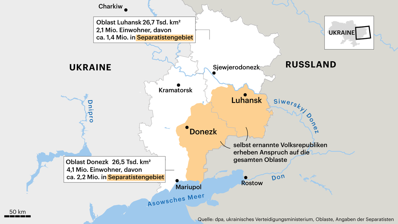 Karte zeigt die von Separatisten kontrollierten Gebieten Donezk und Luhanzk Karte zeigt die von Separatisten kontrollierten Gebieten Donezk und Luhanzk