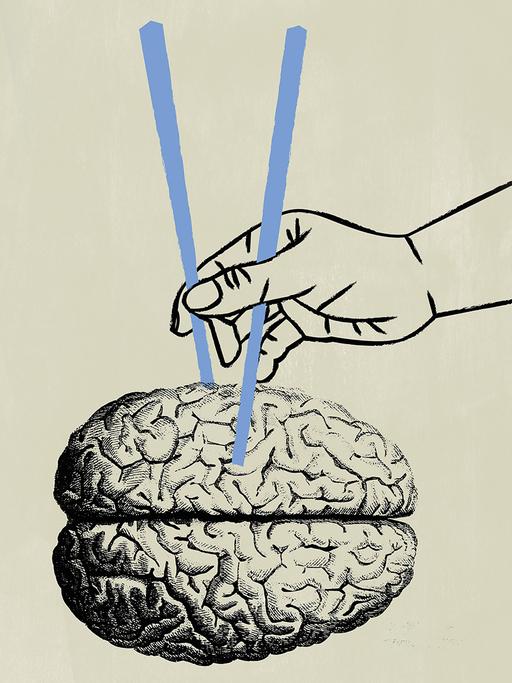 Illustration eines Gehirns das von Essstäbchen gehalten wird.