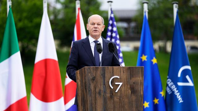 Bundeskanzler Scholz bei seiner Abschlusskonferenz des G7-Gipfels in Schloss Elmau in Bayern.