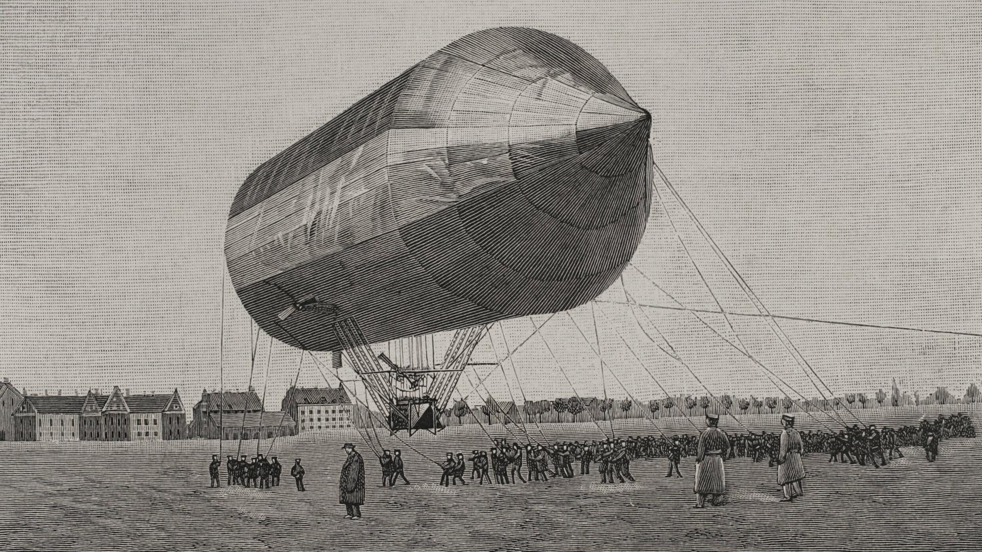 Zeichnung über den Flugversuch mit einem Aluminium-Luftschiff, der am 3. November 1897 in Tempelhof in Berlin stattfand Zeichnung über den Flugversuch mit einem Aluminium-Luftschiff, der am 3. November 1897 in Tempelhof in Berlin stattfand