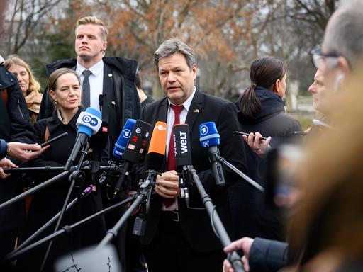 Das Foto zeigt Wirtschaftsminister Habeck  in Washington. Vor dem Grünen-Politiker sind zahlreiche Mikrofone aufgebaut.