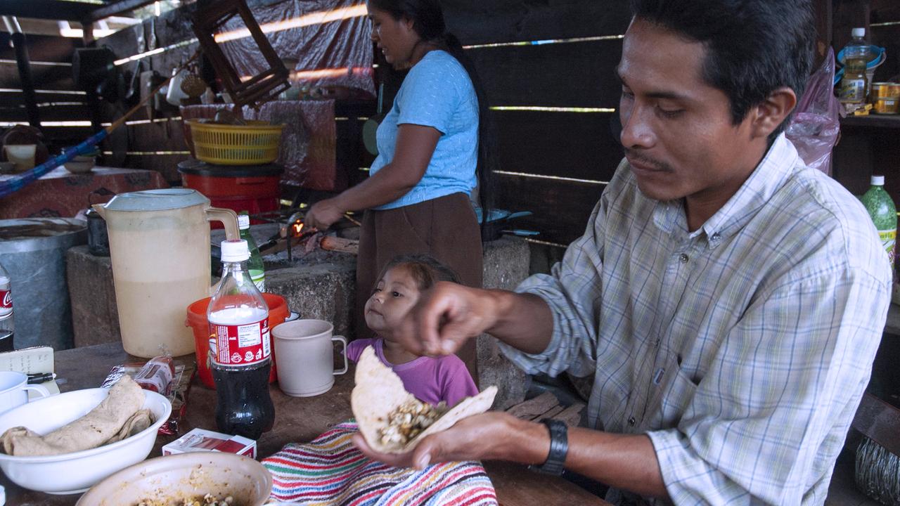 Ein Bauer füllt eine Tortilla aus Mais, die seine Frau am offenen Feuer gebacken hat. Die kleine Tochter blickt erewartungsvoll auf den Tisch mit Getränken und Tortillas. Ein Bauer füllt eine Tortilla aus Mais, die seine Frau am offenen Feuer gebacken hat. Die kleine Tochter blickt erewartungsvoll auf den Tisch mit Getränken und Tortillas.