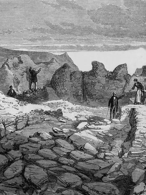 Eine künstlerische Darstellung zeigt Heinrich Schliemanns Ausgrabungen in der Troas
