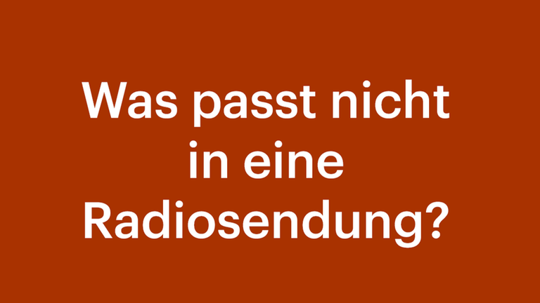 Eine Grafik mit orangenem Hintergrund und einem weißen Schriftzug: "Was passt nicht in eine Radiosendung?" Eine Grafik mit orangenem Hintergrund und einem weißen Schriftzug: "Was passt nicht in eine Radiosendung?"