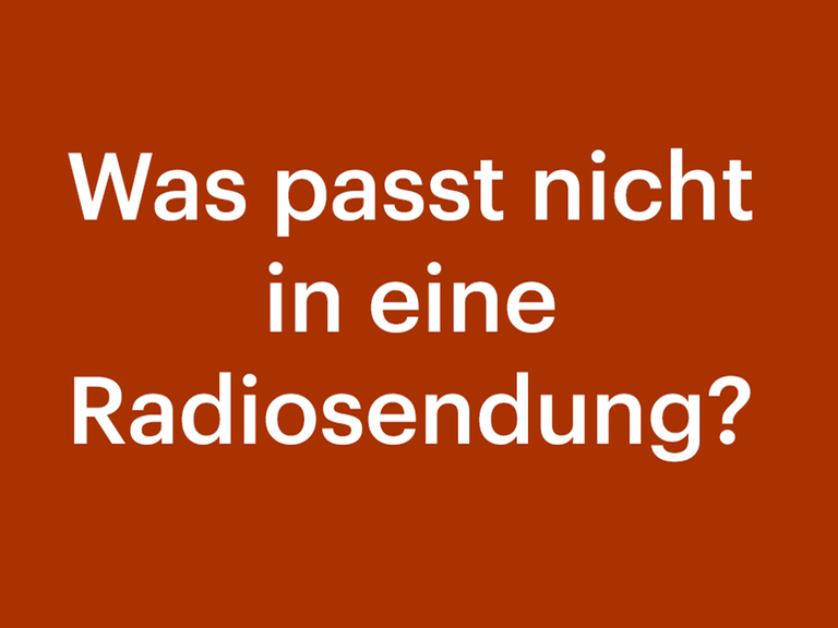 Eine Grafik mit orangenem Hintergrund und einem weißen Schriftzug: "Was passt nicht in eine Radiosendung?"
