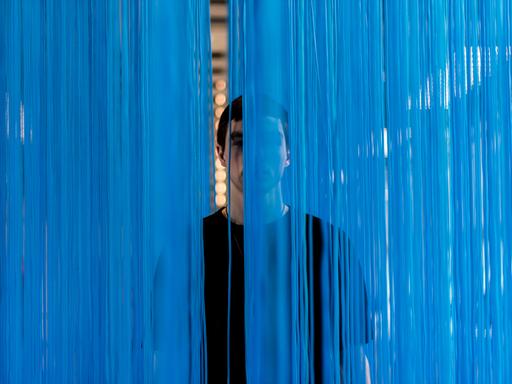 Eine Gestalt hinter blauem "Vorhang" von uneindeutiger Textur. In einem Spalt ist deutlich ein Ohr zu erkennen.