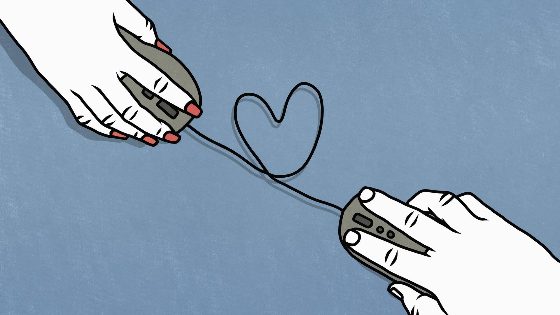 Illustration: Eine männliche und eine weibliche Hand mit Computermäusen die mit einem Kabel verbunden sind, das eine herzförmigen Kringel bildet. Illustration: Eine männliche und eine weibliche Hand mit Computermäusen die mit einem Kabel verbunden sind, das eine herzförmigen Kringel bildet.