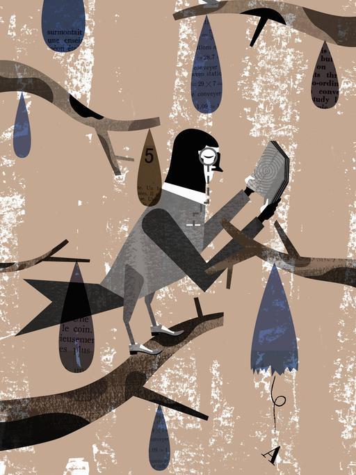 Illustration: Eine Eule mit Monokel liest ein Buch auf einem Ast.