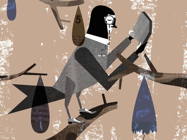 Illustration: Eine Eule mit Monokel liest ein Buch auf einem Ast.
