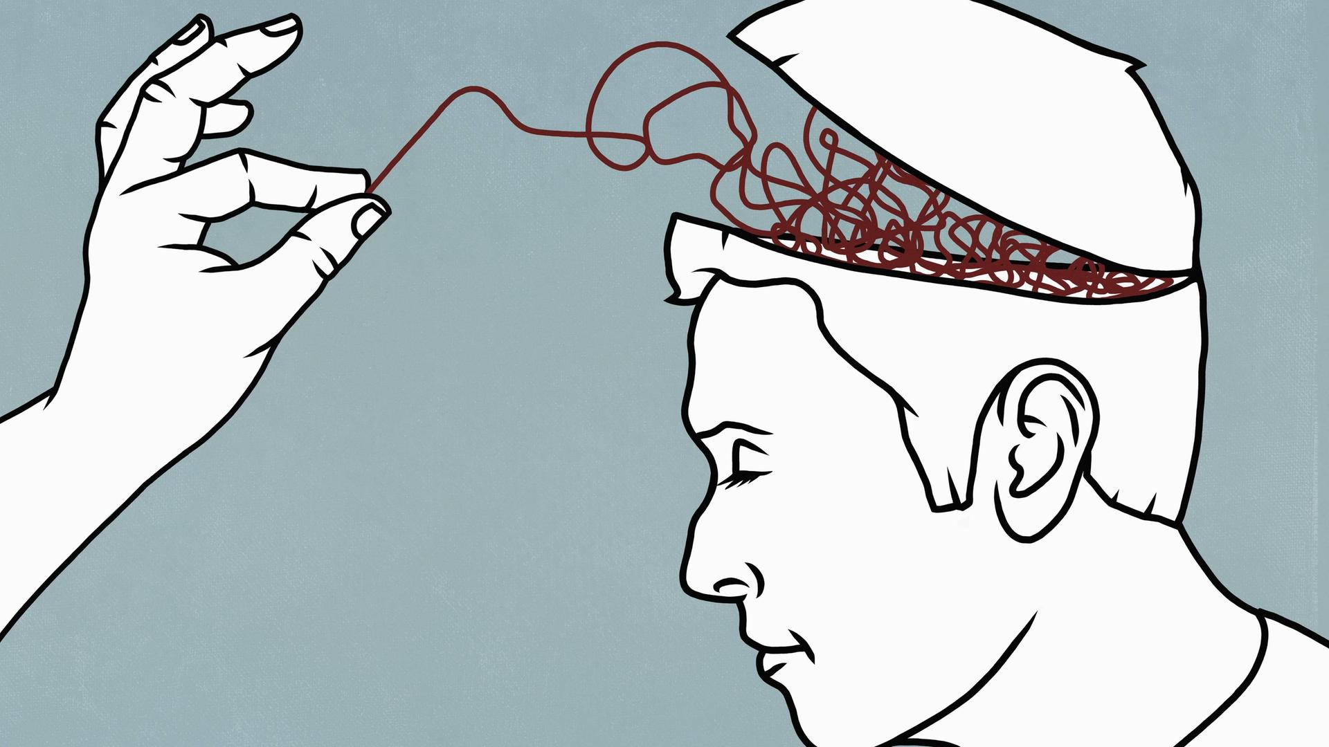 Eine Hand zieht einen roten Faden aus einem Fadenknäul, das einem Mann im Kopf steckt. (Illustration) Eine Hand zieht einen roten Faden aus einem Fadenknäul, das einem Mann im Kopf steckt. (Illustration)
