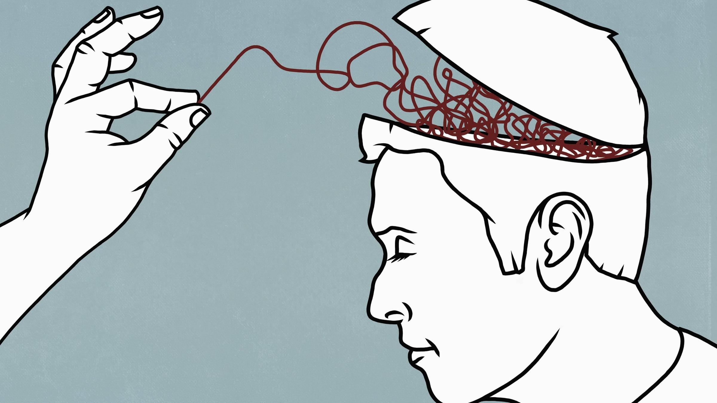Eine Hand zieht einen roten Faden aus einem Fadenknäul, das einem Mann im Kopf steckt. (Illustration)