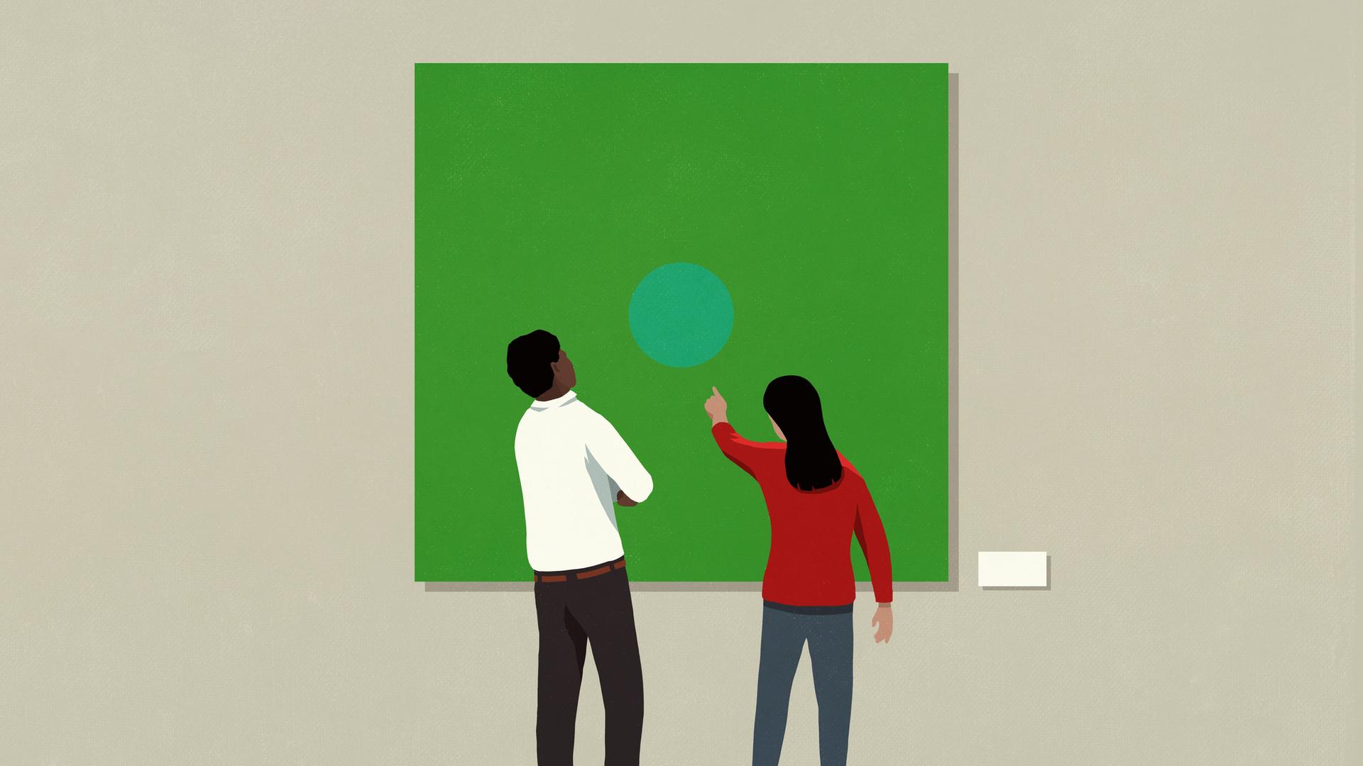 Illustration: Ein Paar steht vor einem grünen Gemälde und zeigt mit dem Finger darauf. Illustration: Ein Paar steht vor einem grünen Gemälde und zeigt mit dem Finger darauf.