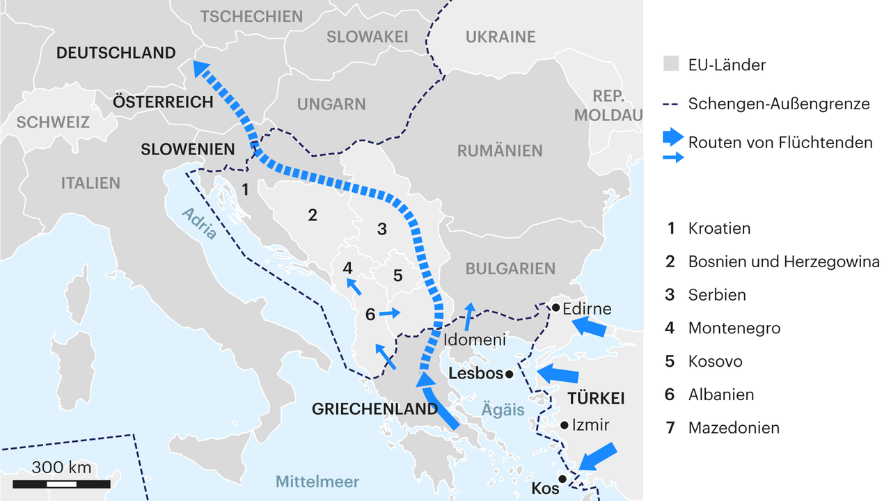 Eine Grafik zeigt den Verlauf der sogenannten Balkanroute, einen Korridor, den Geflüchtete immer wieder nutzen. Eine Grafik zeigt den Verlauf der sogenannten Balkanroute, einen Korridor, den Geflüchtete immer wieder nutzen.