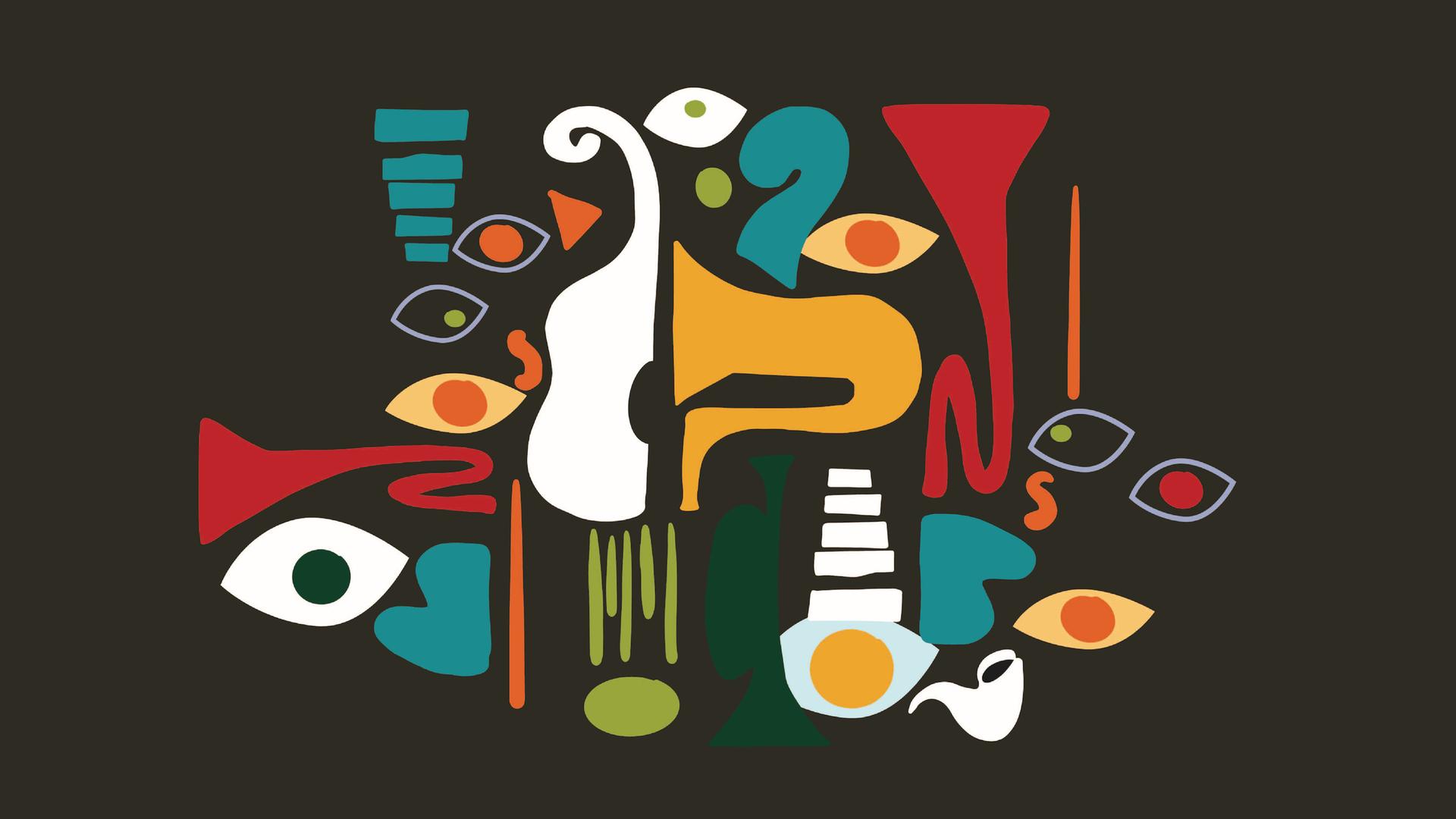 Jazz Instrumente auf dunklem Hintergrund. Illustration in handgemaltem Stil. Jazz Instrumente auf dunklem Hintergrund. Illustration in handgemaltem Stil.