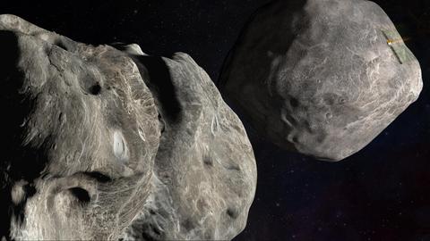 Die NASA-Sonde Dart im Anflug auf Dimorphos, den 170 Meter großen Begleiter des knapp 800 Meter großen Asteroiden Didymos. Sie soll ihn mit fast 22.000 Kilometern pro Stunde treffen (Animation)