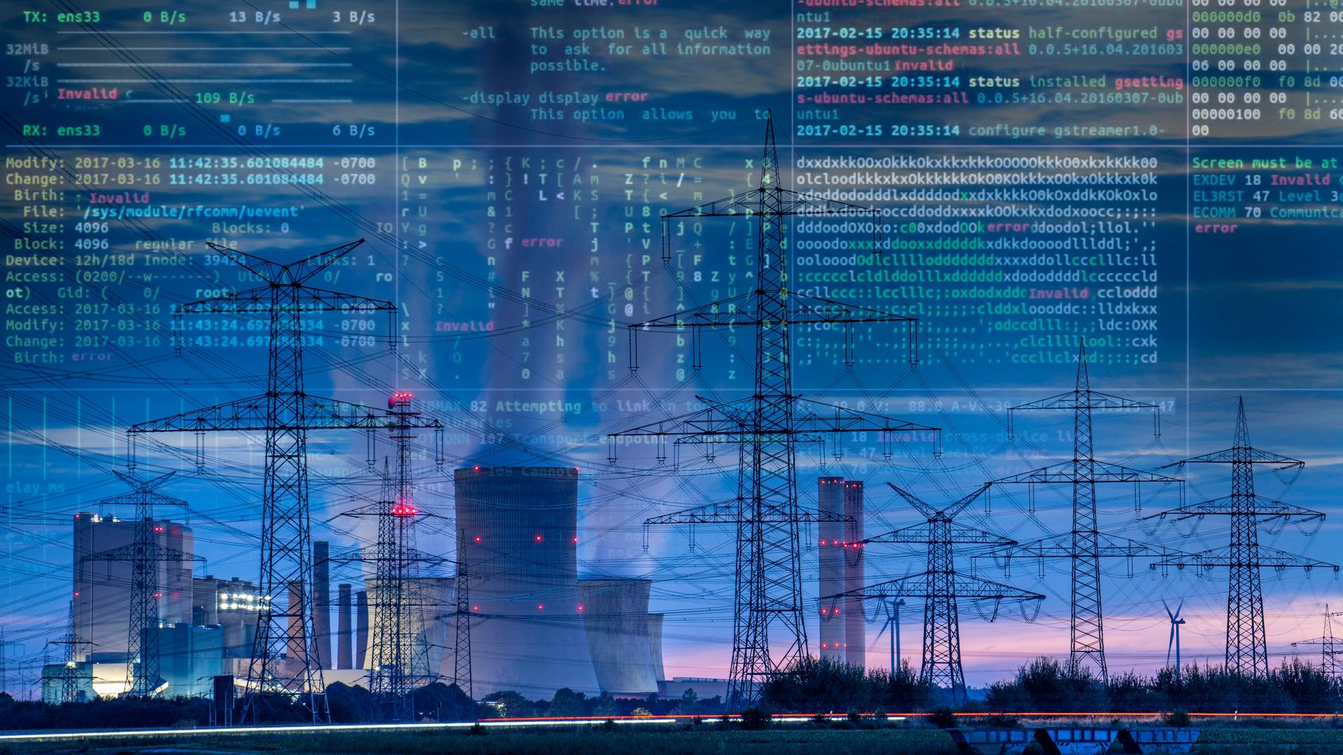 Symbolbild Kritische Infrastruktur: Ein Braunkohlekraftwerk im Morgenrot, darüber sind Programmcodes zu sehen. Symbolbild Kritische Infrastruktur: Ein Braunkohlekraftwerk im Morgenrot, darüber sind Programmcodes zu sehen.