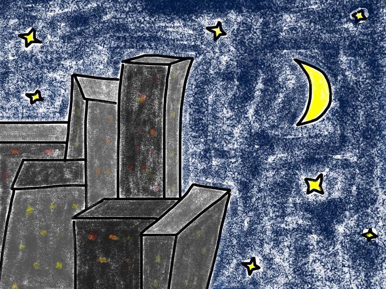Kinderzeichnung: Stadtansicht mit Wolkenkratzer und Nachthimmel.