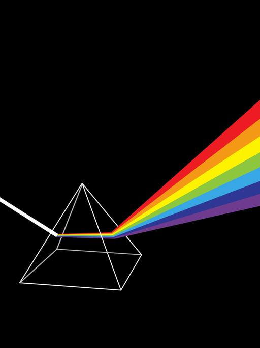Grafik eines gläsernen Prismas auf schwarzem Grund, das einen weißen Lichtstrahl bricht und so in die Farben des Regenbogens auffächert.