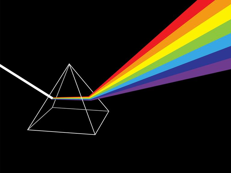 Grafik eines gläsernen Prismas auf schwarzem Grund, das einen weißen Lichtstrahl bricht und so in die Farben des Regenbogens auffächert.