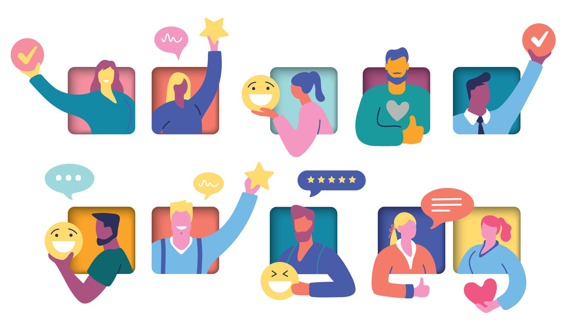 Eine Illustration zeigt verschiedene stilisierte Personen, die eine Meinung kundtun. Eine Illustration zeigt verschiedene stilisierte Personen, die eine Meinung kundtun.