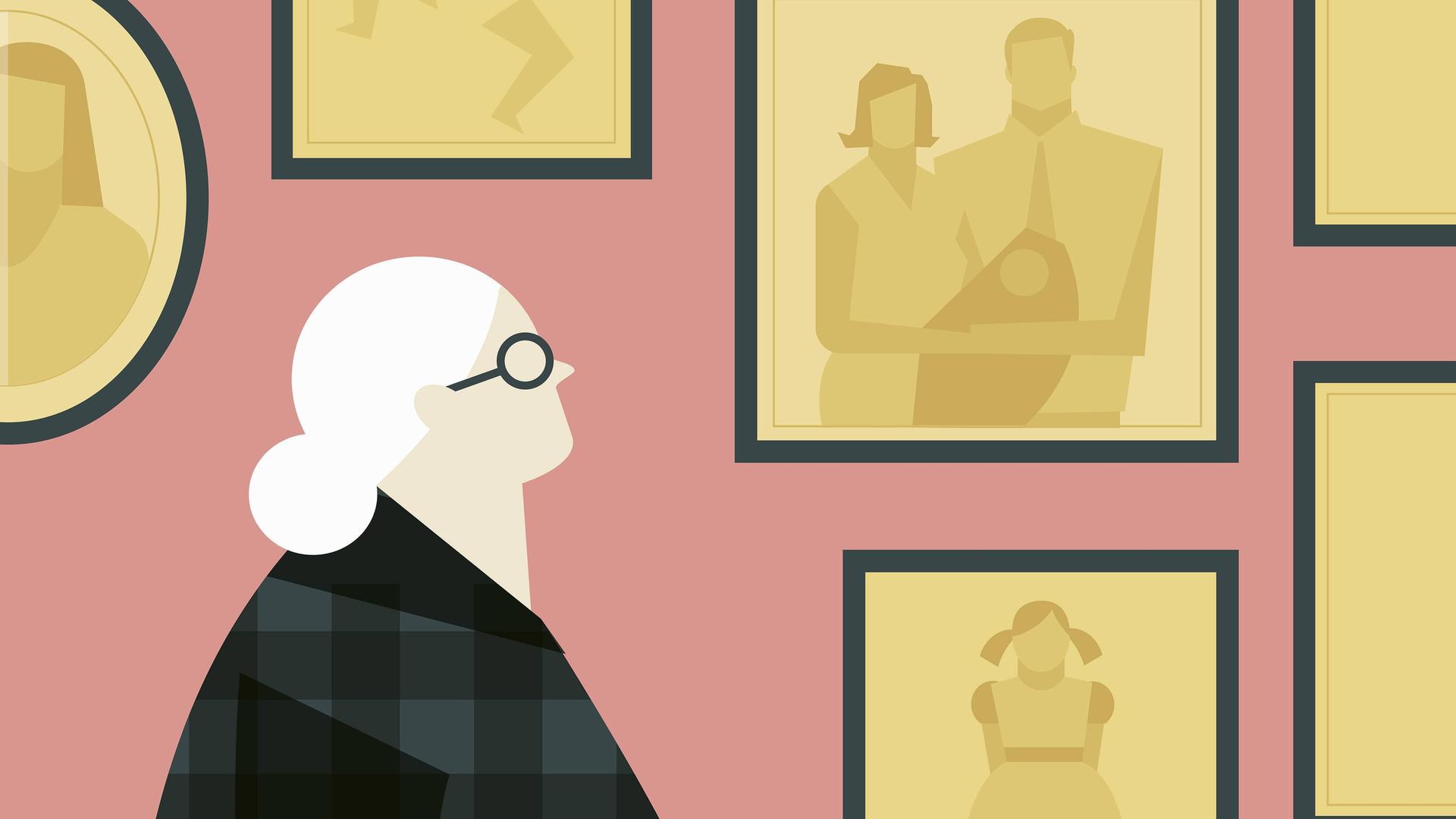 Illustration: Eine Alte Dame schaut auf Familienfotos an einer Wand. Illustration: Eine Alte Dame schaut auf Familienfotos an einer Wand.