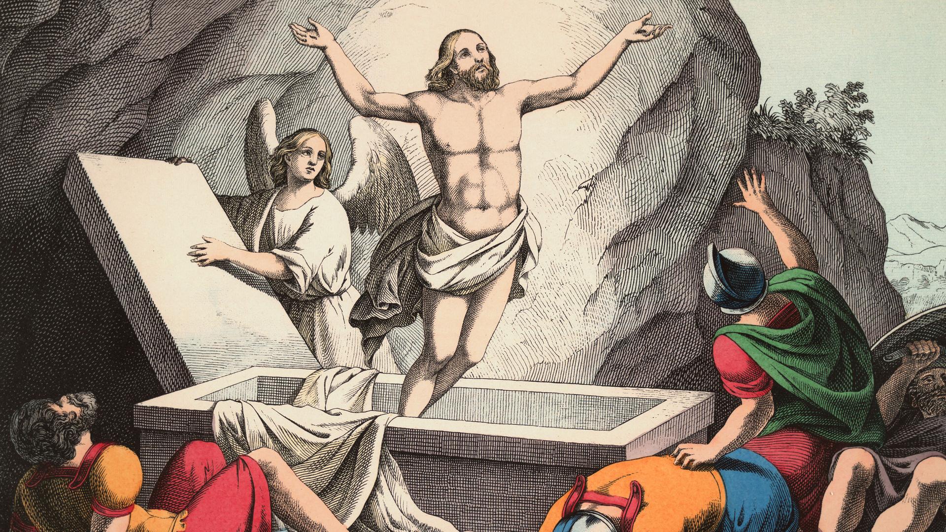 Eine Farblithographie nach B.Hummel zeigt die Auferstehung Christi, Blatt XXVII der Folge: Dreissig Biblische Bilder zum Neuen Testament, Zur Anschauung und Belehrung für Kinder, Esslingen und Muenchen (J. F. Schreiber) Berlin, Sammlung Archiv für Kunst und Geschichte. Eine Farblithographie nach B.Hummel zeigt die Auferstehung Christi, Blatt XXVII der Folge: Dreissig Biblische Bilder zum Neuen Testament, Zur Anschauung und Belehrung für Kinder, Esslingen und Muenchen (J. F. Schreiber) Berlin, Sammlung Archiv für Kunst und Geschichte.