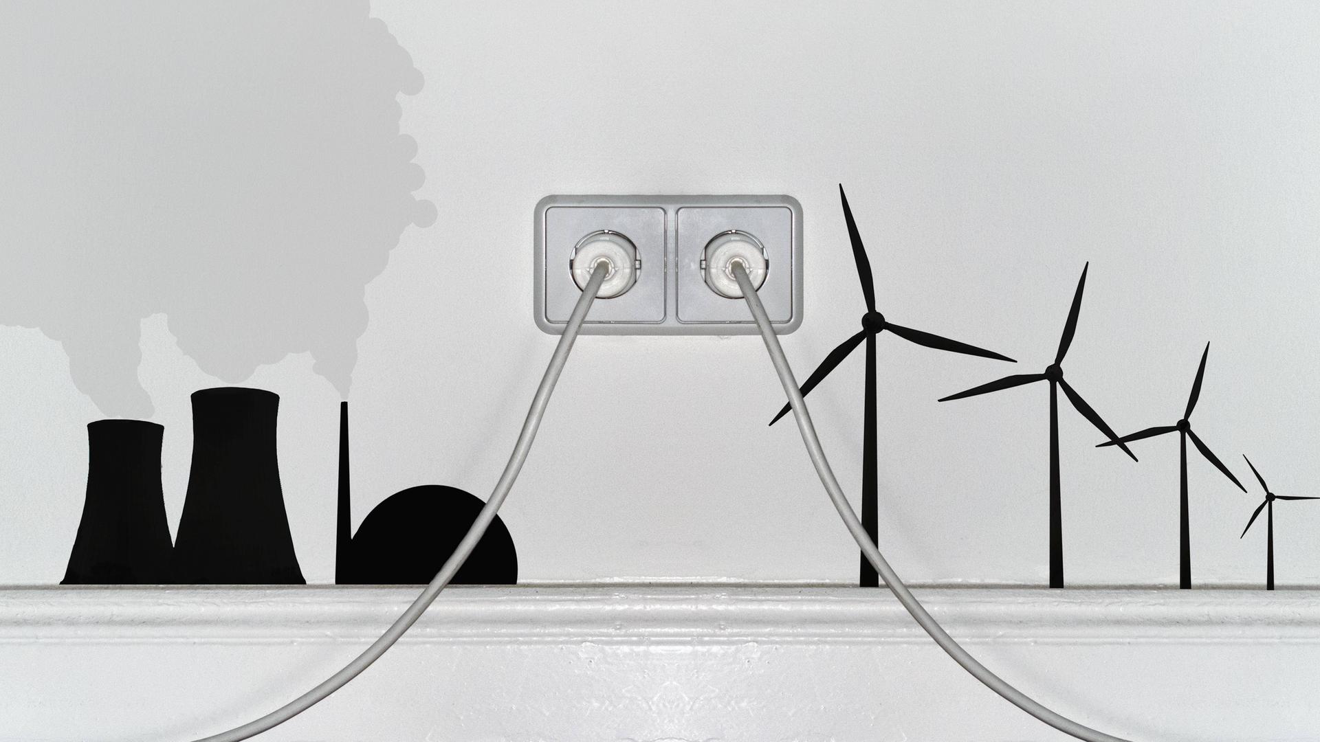 Zwei Steckdosen in einer Wohnungswand. Atomenergie und Windkraft Zeichnungen rechts und links davon. Zwei Steckdosen in einer Wohnungswand. Atomenergie und Windkraft Zeichnungen rechts und links davon.