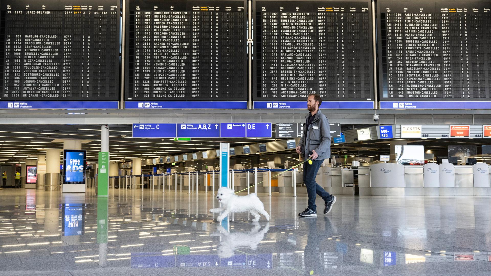 Frankfurt/Main: Ein Mann läuft mit seinem Hund durch das ansonsten menschenleere Terminal des Flughafens in Frankfurt.