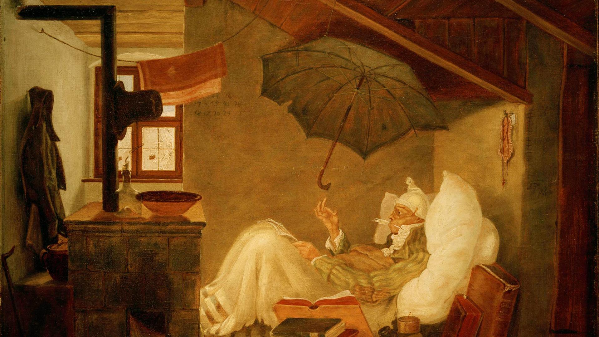 Bild des Künstlers Carl Spitzweg "Der arme Poet", 1837: Ein Mann liegt in einer ärmlichen Dachkammer im Bett mit einem darüber aufgespannten schwarzen Regenschirm. Um das Bett stapeln sich Bücher. 