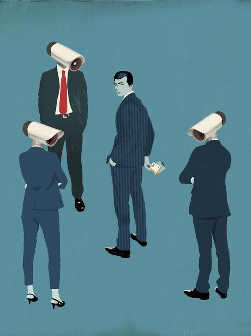Illustration: Korrupter Geschäftsmann hält Schmiergeld in der Hand und wird von Kollegen mit Überwachungskameras beobachtet.
