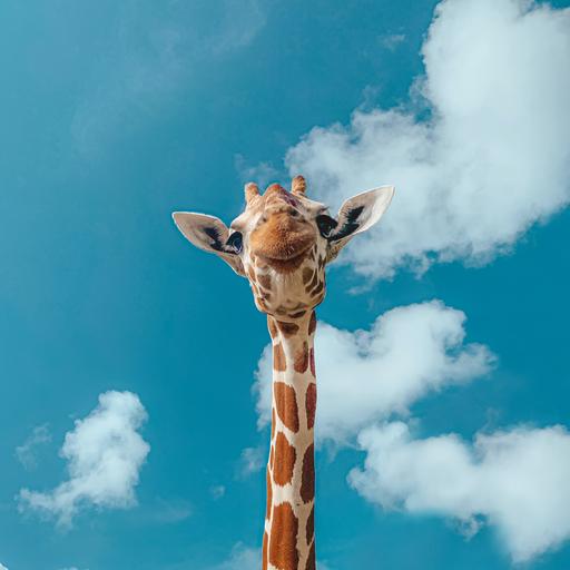 Frontale Aufnahme einer Giraffe mit blauem Himmel im Hintergrund.