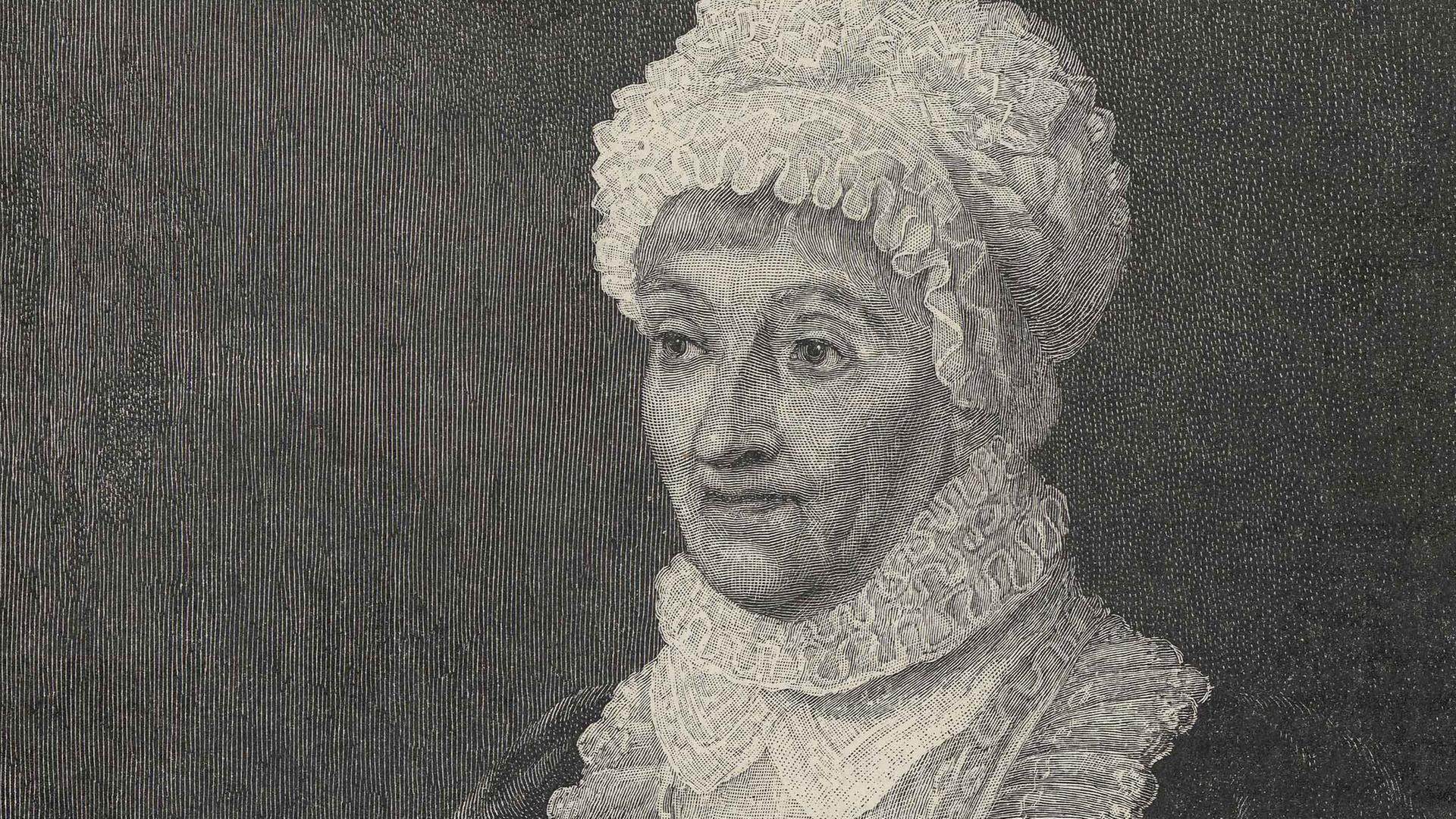 Das Bild zeigt ein Stich mit dem Porträt von Caroline Herschel mit dunklem Kleid und hellem Kragen sowie Haube Das Bild zeigt ein Stich mit dem Porträt von Caroline Herschel mit dunklem Kleid und hellem Kragen sowie Haube