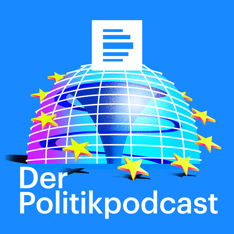 Das Logo zeigt den Schriftzug "Der Politikpodcast" in einer Bildcollage mit der Reichstagskuppel in Berlin.