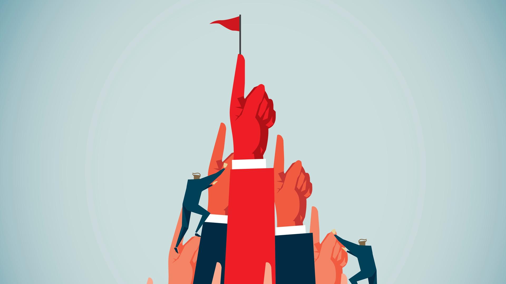 Illustration: Eine Mensch besteigt einen Gipfel aus in die Höhe gestreckten Fingern. Auf der Spitze weht eine rote Flagge. Illustration: Eine Mensch besteigt einen Gipfel aus in die Höhe gestreckten Fingern. Auf der Spitze weht eine rote Flagge.