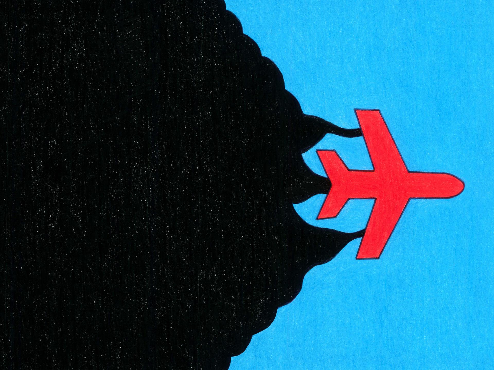 Zeichnung eines roten Flugzeugs auf blauem Grund, das schwarzen Rauch bildfüllend nach sich zieht.