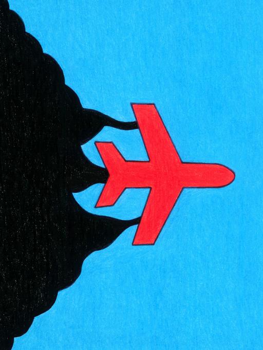 Zeichnung eines roten Flugzeugs auf blauem Grund, das schwarzen Rauch bildfüllend nach sich zieht.