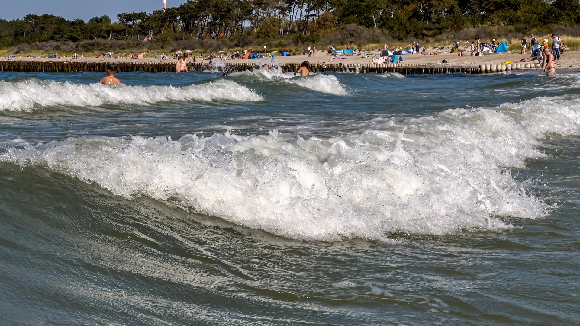 Menschen baden in der Ostsee, im Hintergrund ist der Strand zu erkennen. Menschen baden in der Ostsee, im Hintergrund ist der Strand zu erkennen.