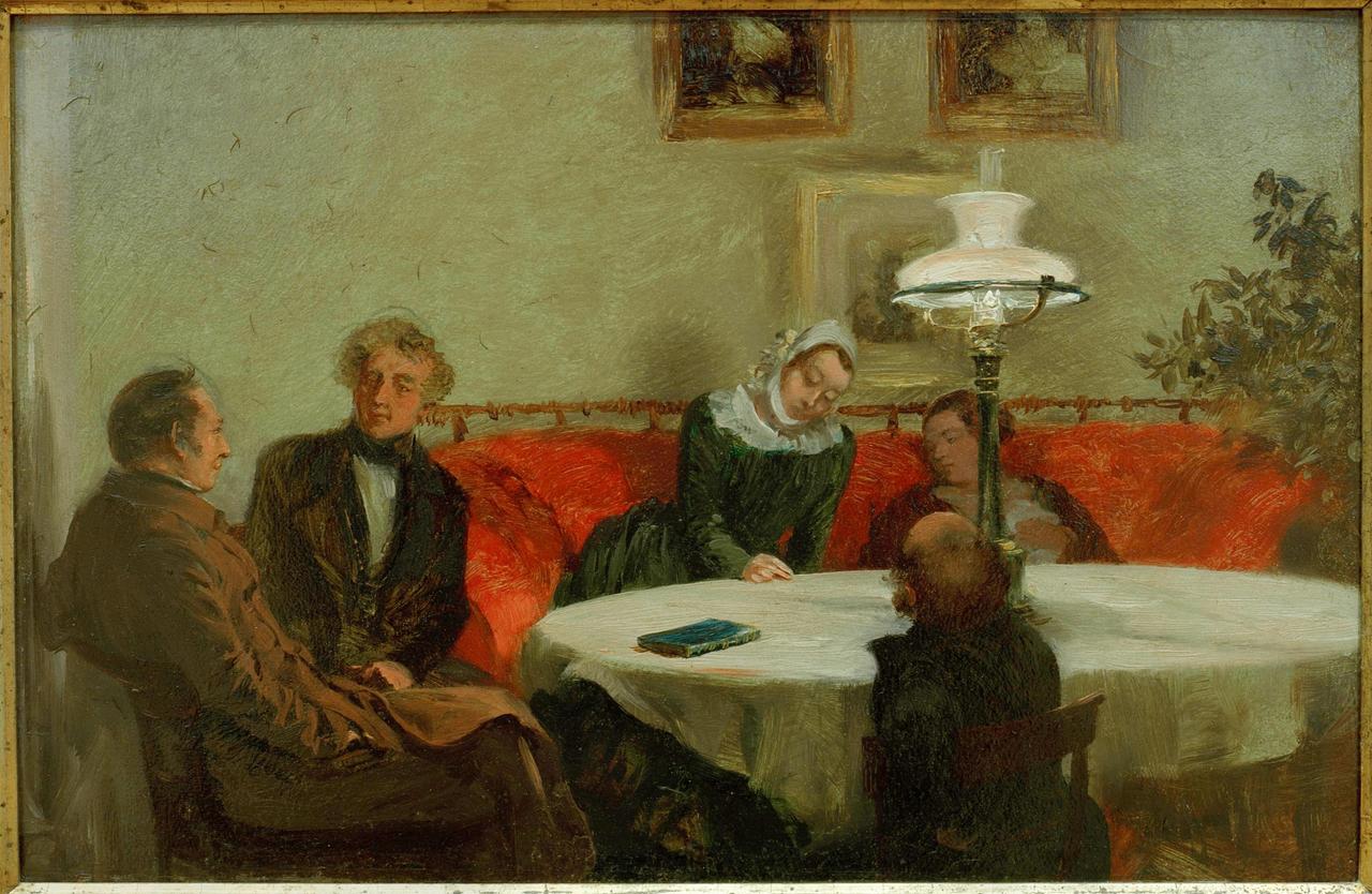 Das Gemälde von Adolph Menzel zeigt ältere Herrschaften an einem Tisch sitzend. Das Gemälde von Adolph Menzel zeigt ältere Herrschaften an einem Tisch sitzend.