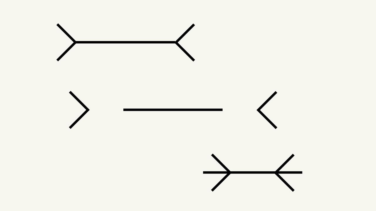 Die Müller-Lyer-Illusion ist eine der bekanntesten Optischen Täuschungen - die nach innen gerichteten Pfeile verkürzen die waagrechte Linie scheinbar Die Müller-Lyer-Illusion ist eine der bekanntesten Optischen Täuschungen - die nach innen gerichteten Pfeile verkürzen die waagrechte Linie scheinbar