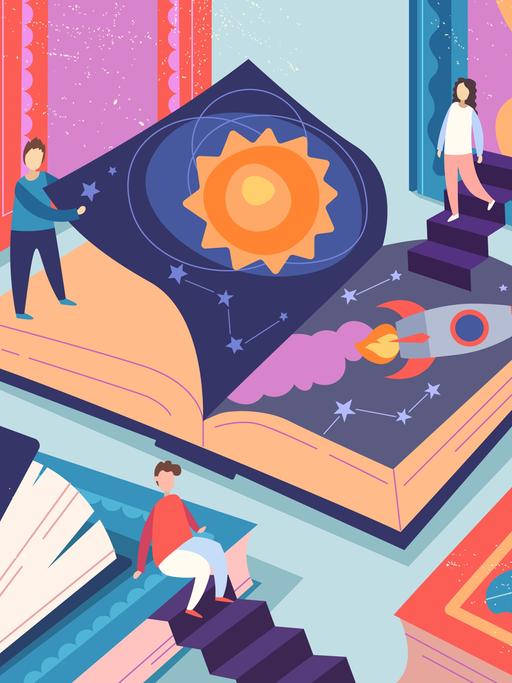 Illustration: Kleine Menschen lesen riesige Lehrbücher in einer Bibliothek.