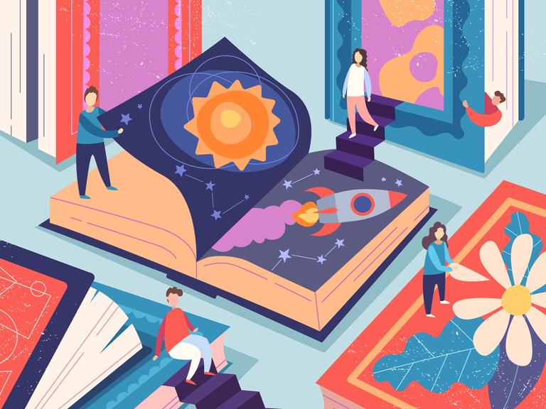 Illustration: Kleine Menschen lesen riesige Lehrbücher in einer Bibliothek.