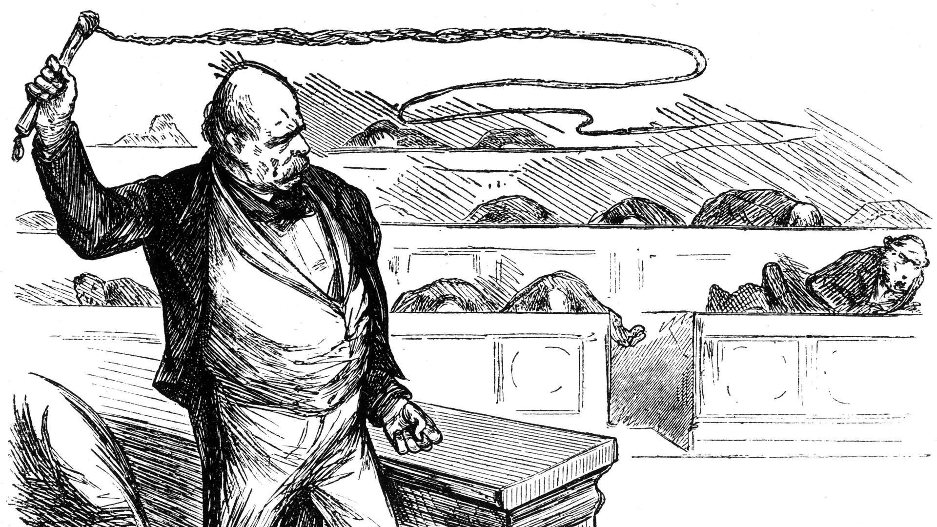 Karikatur auf Otto von Bismarck im norddeutschen Parlament. "Entschieden ist er und ein gewaltiger Redner, das muss man ihm lassen." Holzstich nach einer Zeichnung aus: "Le Figaro" vom 5. März 1870. Karikatur auf Otto von Bismarck im norddeutschen Parlament. "Entschieden ist er und ein gewaltiger Redner, das muss man ihm lassen." Holzstich nach einer Zeichnung aus: "Le Figaro" vom 5. März 1870.